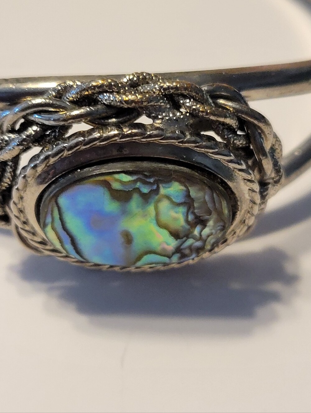 Vintage Silver Abalone Shell Bangle Bracelet - Iridescent Green-Blue